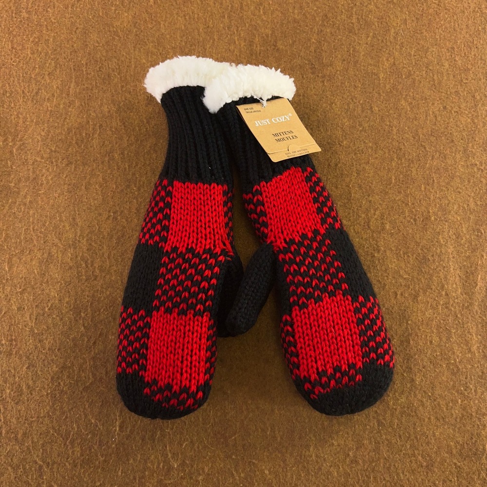 Just Cozy Womens OS Red Buffalo Plaid Faux Fur Lined Knit Mittens NWT